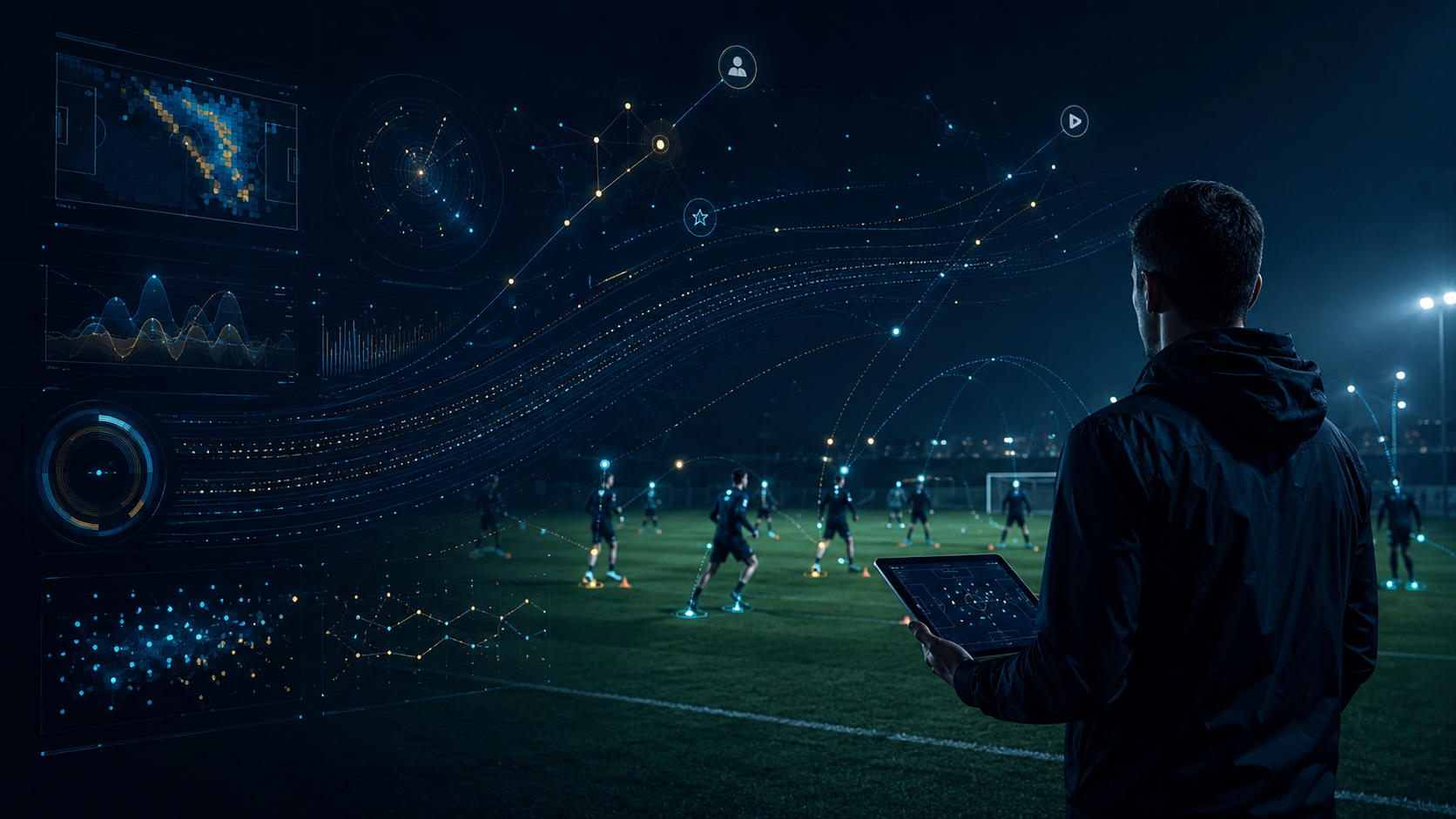 Coach reviewing athlete performance trends through sport-tech analytics on a training field